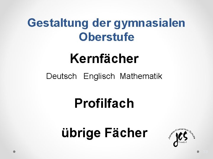 Gestaltung der gymnasialen Oberstufe Kernfächer Deutsch Englisch Mathematik Profilfach übrige Fächer 33 