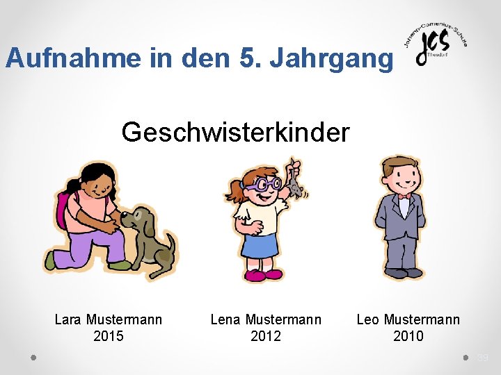 Aufnahme in den 5. Jahrgang Geschwisterkinder Lara Mustermann 2015 Lena Mustermann 2012 Leo Mustermann