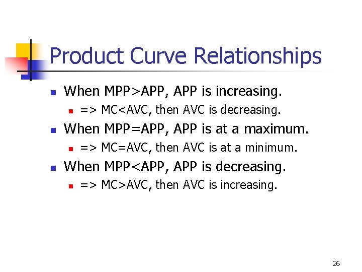 Product Curve Relationships n When MPP>APP, APP is increasing. n n When MPP=APP, APP