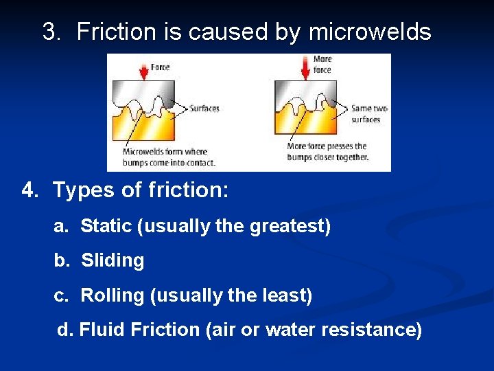 3. Friction is caused by microwelds 4. Types of friction: a. Static (usually the