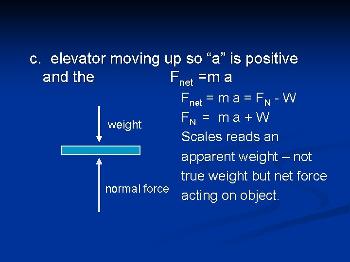 c. elevator moving up so “a” is positive and the Fnet =m a Fnet