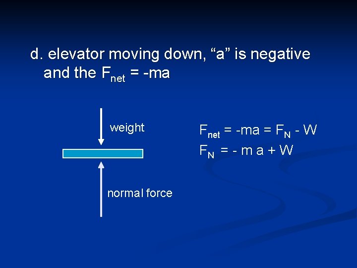 d. elevator moving down, “a” is negative and the Fnet = -ma weight normal