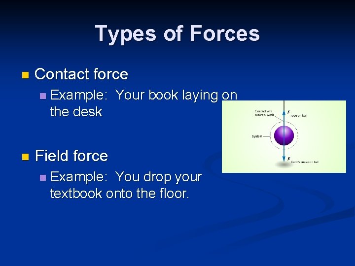 Types of Forces n Contact force n n Example: Your book laying on the