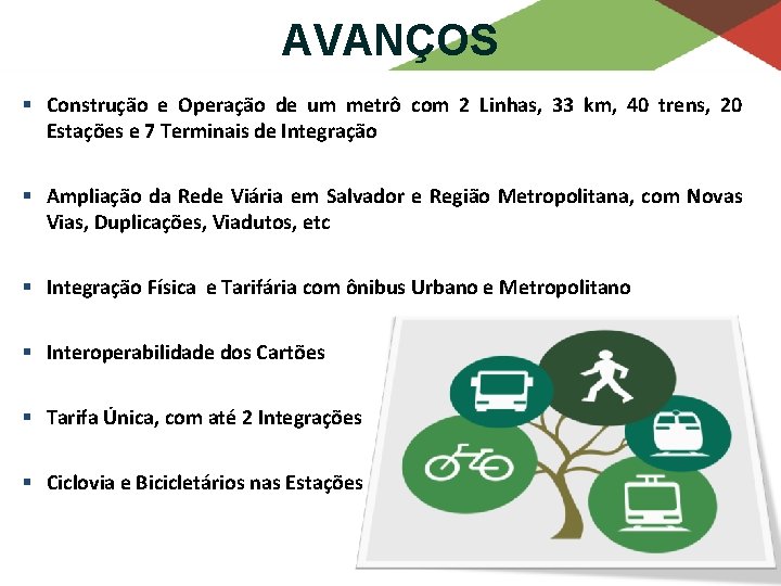 AVANÇOS § Construção e Operação de um metrô com 2 Linhas, 33 km, 40