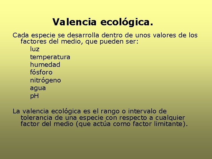 Valencia ecológica. Cada especie se desarrolla dentro de unos valores de los factores del