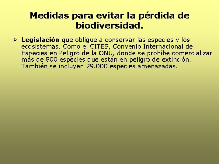 Medidas para evitar la pérdida de biodiversidad. Ø Legislación que obligue a conservar las Medidas para evitar la pérdida de biodiversidad. Ø Legislación que obligue a conservar las