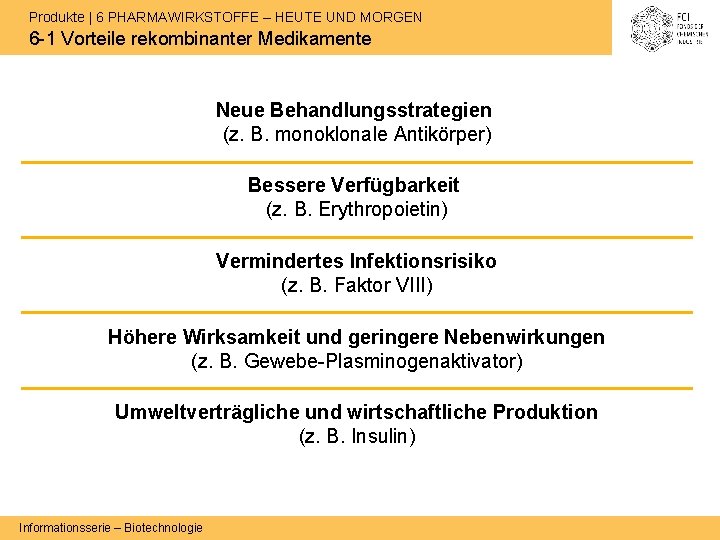 Produkte | 6 PHARMAWIRKSTOFFE – HEUTE UND MORGEN 6 -1 Vorteile rekombinanter Medikamente Neue