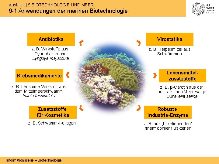 Ausblick | 9 BIOTECHNOLOGIE UND MEER 9 -1 Anwendungen der marinen Biotechnologie Antibiotika Virostatika