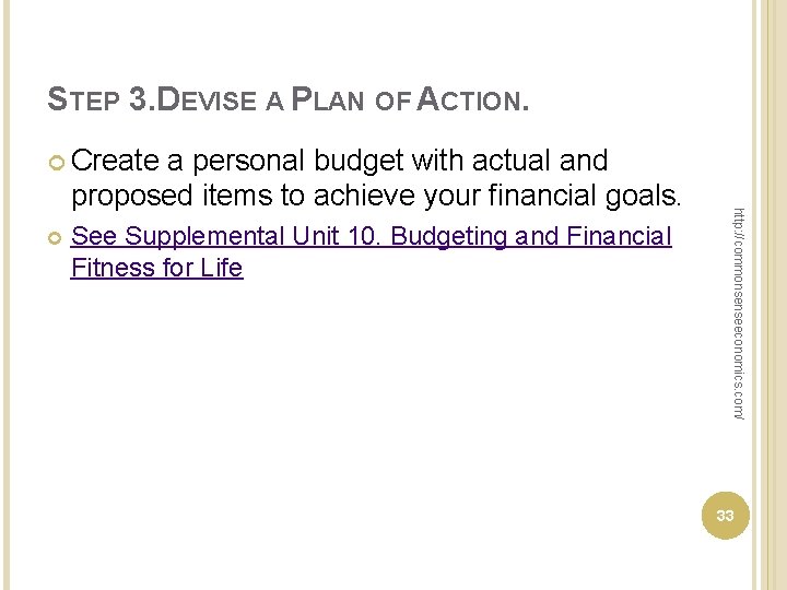 STEP 3. DEVISE A PLAN OF ACTION. Create See Supplemental Unit 10. Budgeting and