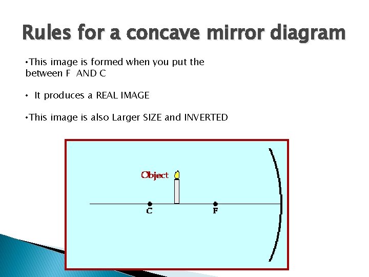 Rules for a concave mirror diagram • This image is formed when you put