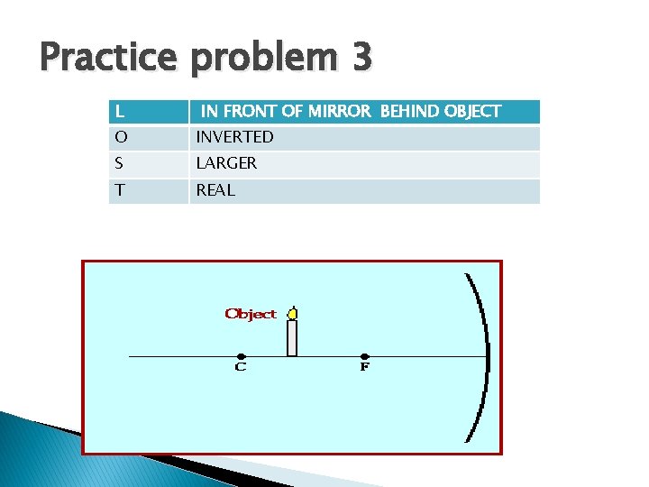 Practice problem 3 L IN FRONT OF MIRROR BEHIND OBJECT O INVERTED S LARGER