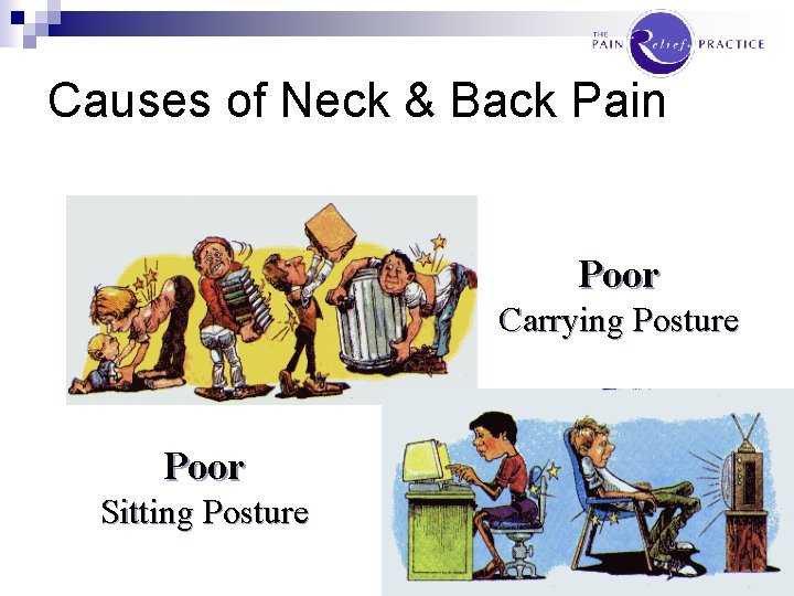 Causes of Neck & Back Pain Poor Carrying Posture Poor Sitting Posture 