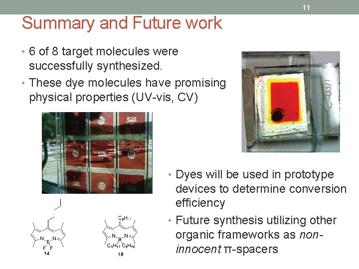 11 Summary and Future work • 6 of 8 target molecules were successfully synthesized.