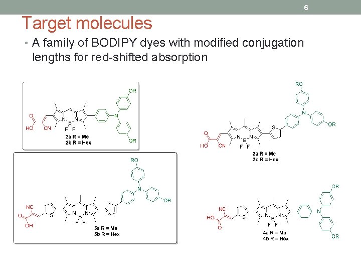 6 Target molecules • A family of BODIPY dyes with modified conjugation lengths for