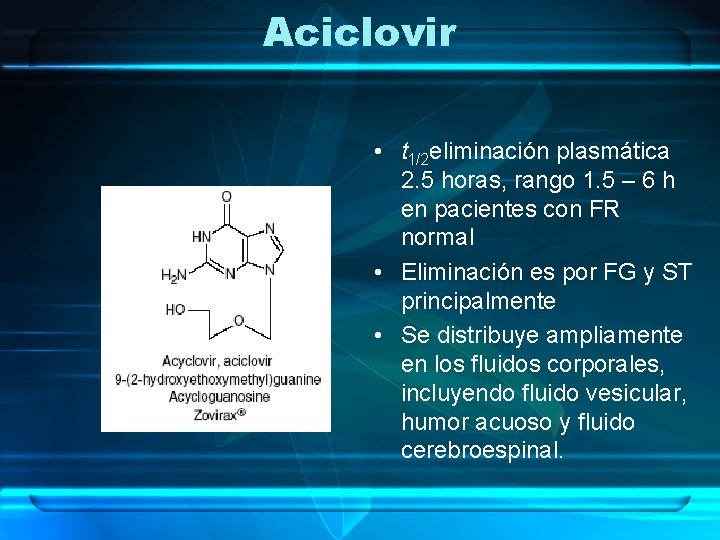 Aciclovir • t 1/2 eliminación plasmática 2. 5 horas, rango 1. 5 – 6