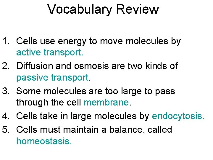 Vocabulary Review 1. Cells use energy to move molecules by active transport. 2. Diffusion