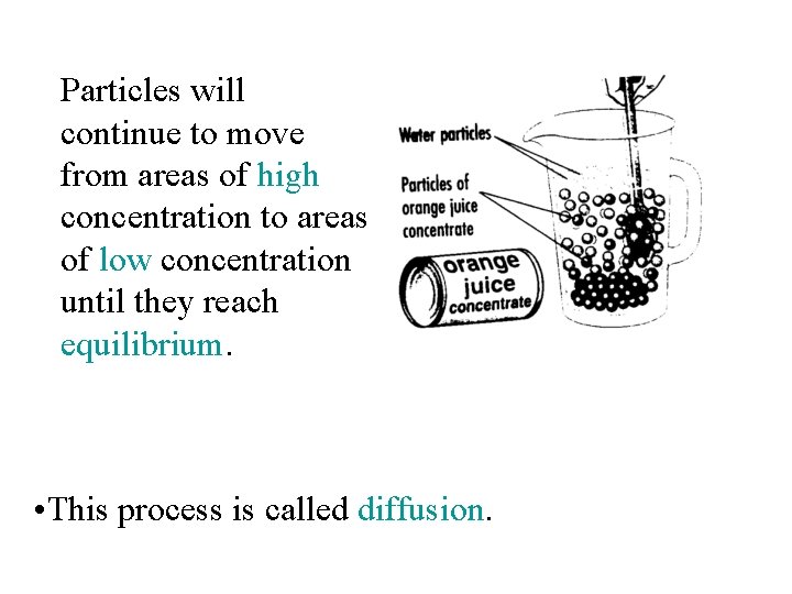 Particles will continue to move from areas of high concentration to areas of low