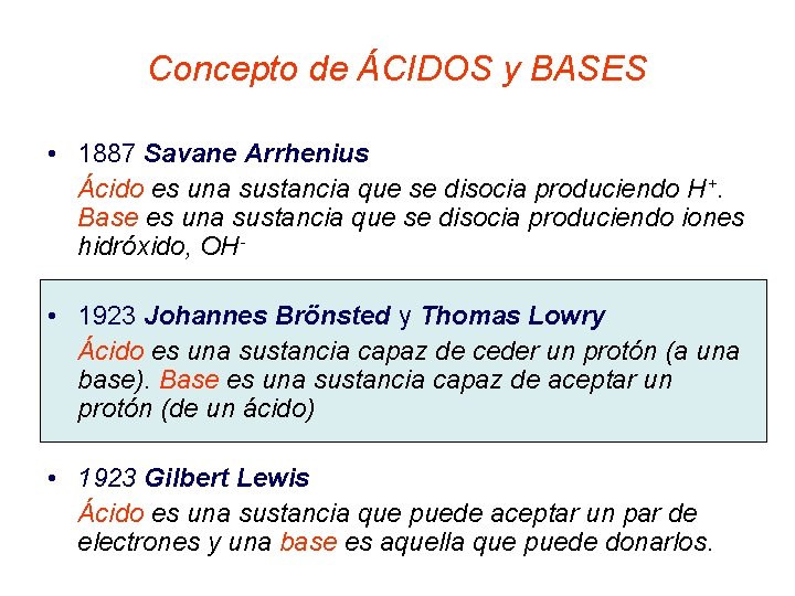 Concepto de ÁCIDOS y BASES • 1887 Savane Arrhenius Ácido es una sustancia que