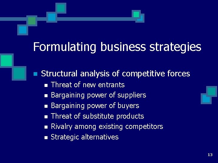 Formulating business strategies n Structural analysis of competitive forces n n n Threat of