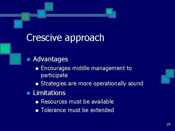 Crescive approach n Advantages n n n Encourages middle management to participate Strategies are