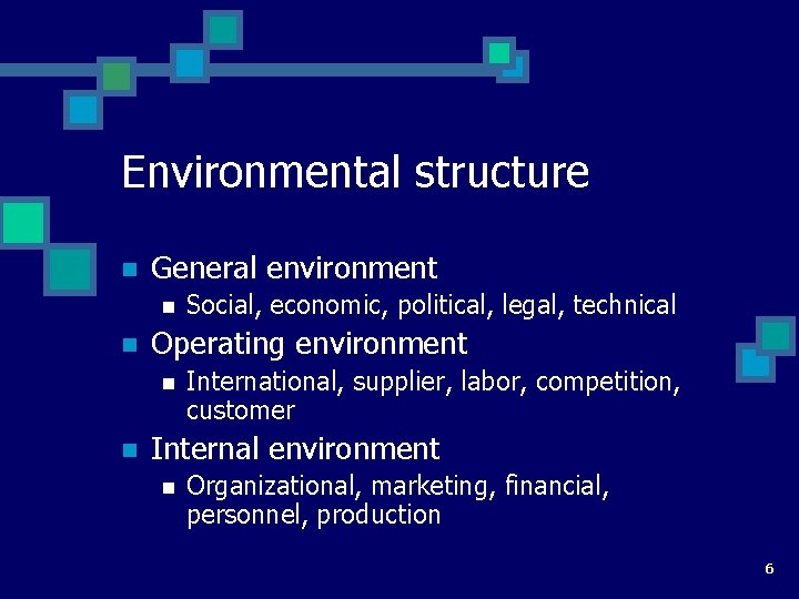 Environmental structure n General environment n n Operating environment n n Social, economic, political,