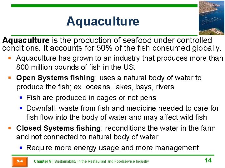 Aquaculture is the production of seafood under controlled conditions. It accounts for 50% of