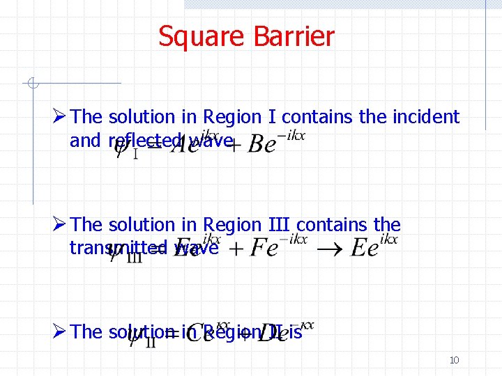 Square Barrier Ø The solution in Region I contains the incident and reflected wave