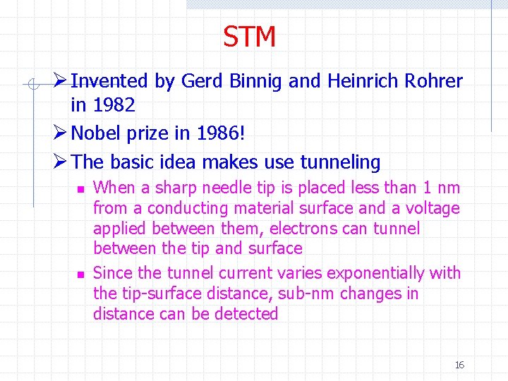 STM Ø Invented by Gerd Binnig and Heinrich Rohrer in 1982 Ø Nobel prize