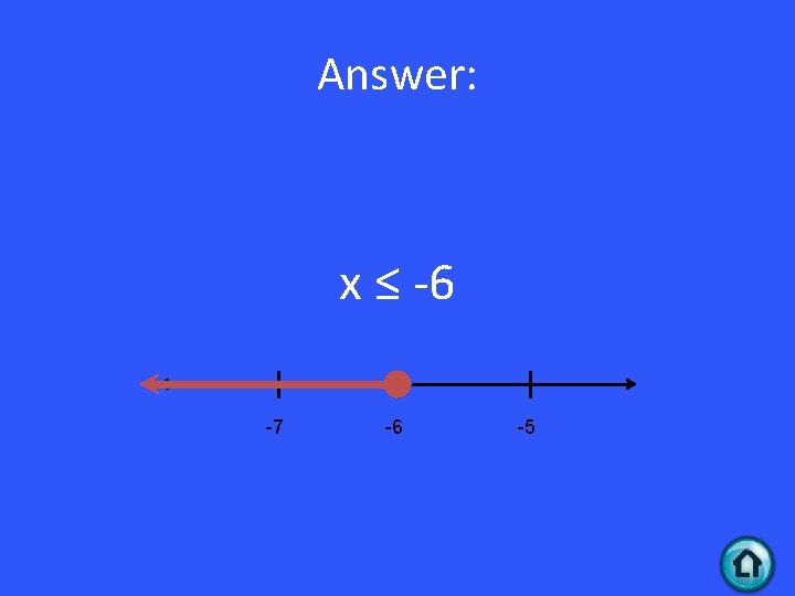 Answer: x ≤ -6 -7 -6 -5 