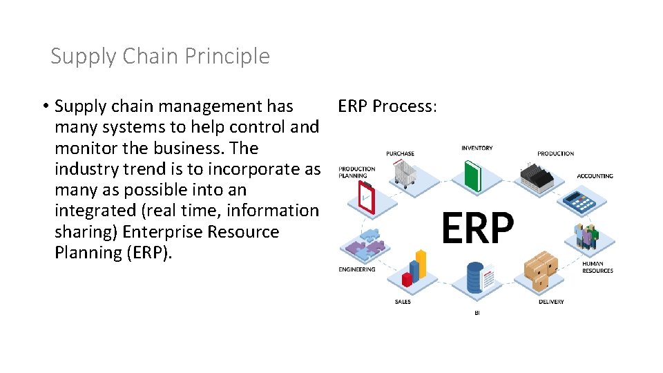 Supply Chain Principle • Supply chain management has ERP Process: many systems to help