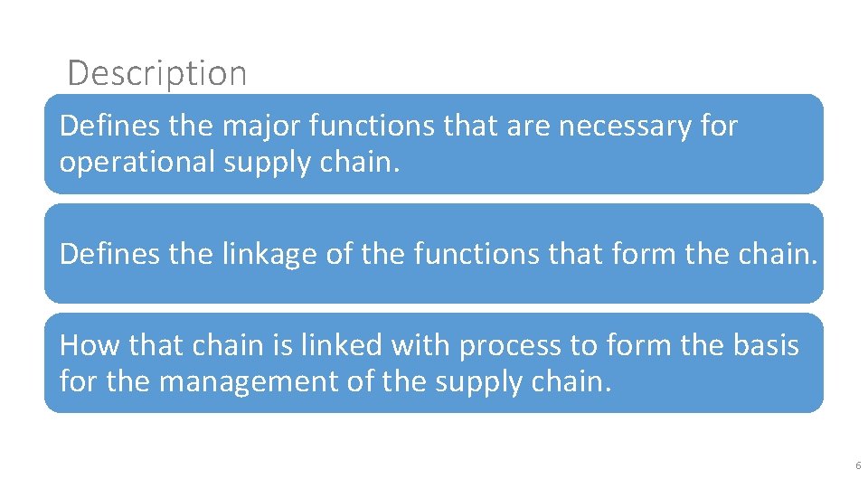 Description Defines the major functions that are necessary for operational supply chain. Defines the