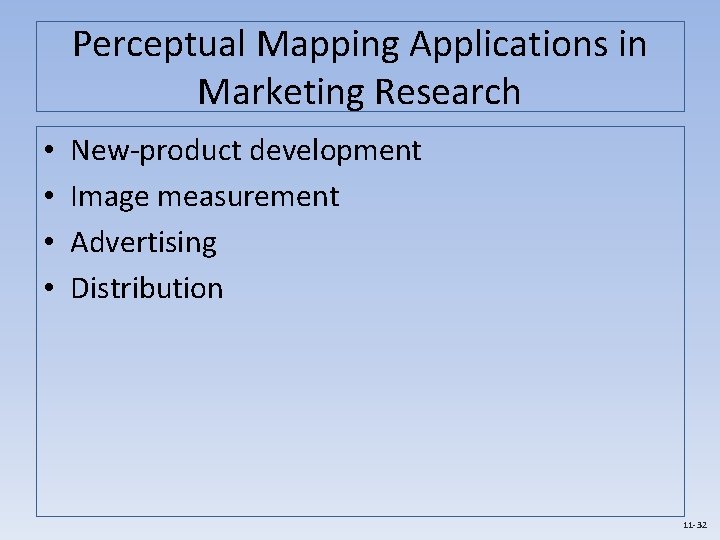 Perceptual Mapping Applications in Marketing Research • • New-product development Image measurement Advertising Distribution