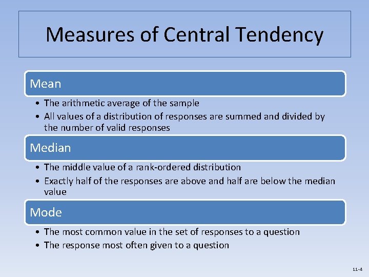 Measures of Central Tendency Mean • The arithmetic average of the sample • All