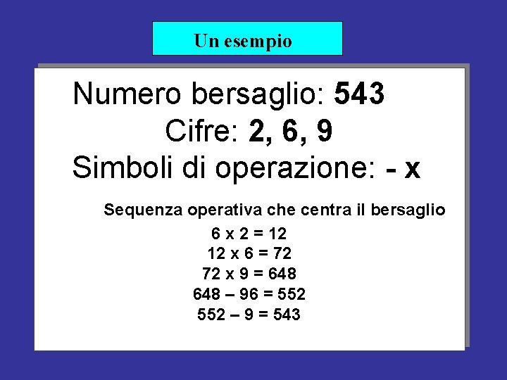 Un esempio Numero bersaglio: 543 Cifre: 2, 6, 9 Simboli di operazione: - x