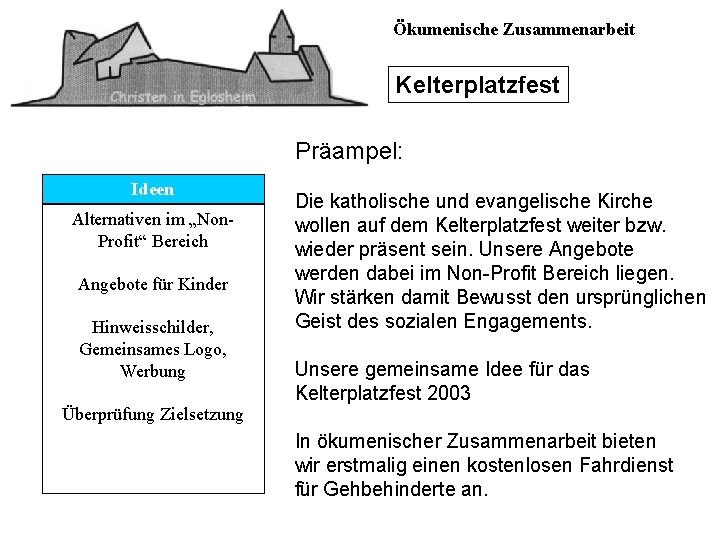 Ökumenische Zusammenarbeit Kelterplatzfest Präampel: Ideen Alternativen im „Non. Profit“ Bereich Angebote für Kinder Hinweisschilder,