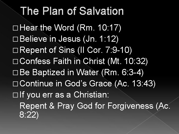 The Plan of Salvation � Hear the Word (Rm. 10: 17) � Believe in