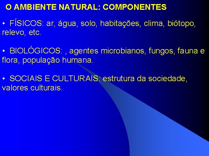  • O AMBIENTE NATURAL: COMPONENTES • FÍSICOS: ar, água, solo, habitações, clima, biótopo,