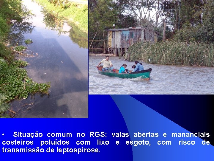  • Situação comum no RGS: valas abertas e mananciais costeiros poluídos com lixo