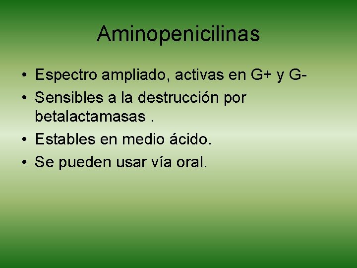 Aminopenicilinas • Espectro ampliado, activas en G+ y G • Sensibles a la destrucción
