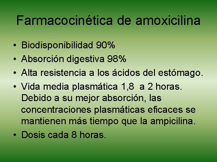 Farmacocinética de amoxicilina • • Biodisponibilidad 90% Absorción digestiva 98% Alta resistencia a los