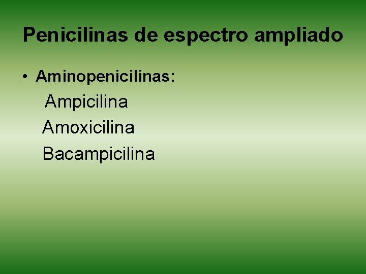 Penicilinas de espectro ampliado • Aminopenicilinas: Ampicilina Amoxicilina Bacampicilina 