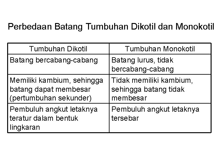 Perbedaan Batang Tumbuhan Dikotil dan Monokotil Tumbuhan Dikotil Batang bercabang-cabang Tumbuhan Monokotil Batang lurus,