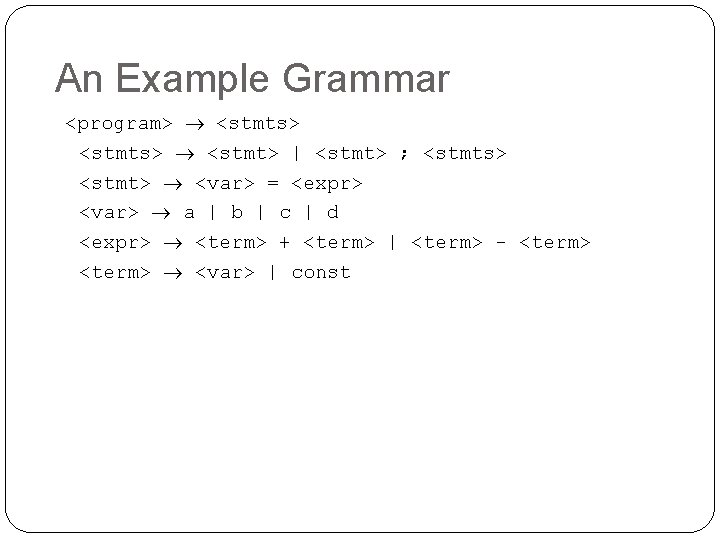 An Example Grammar <program> <stmts> <stmt> | <stmt> ; <stmts> <stmt> <var> = <expr>