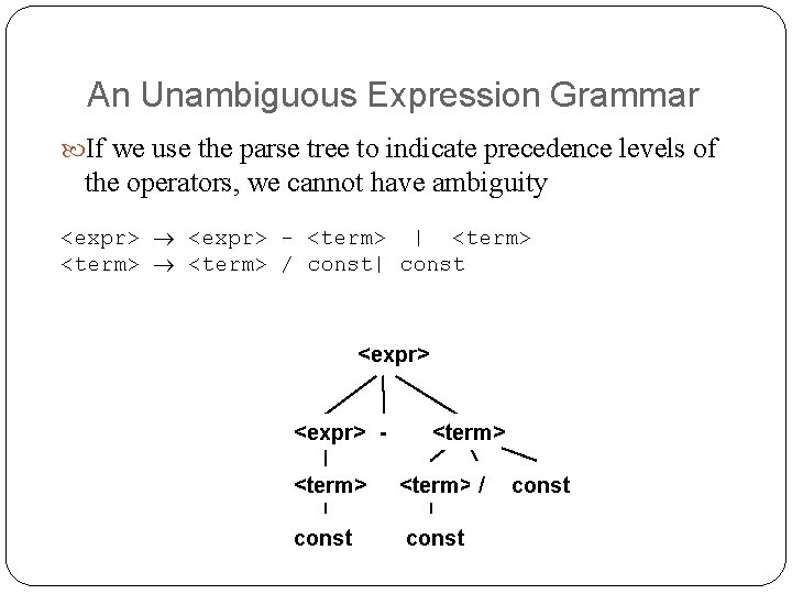 An Unambiguous Expression Grammar If we use the parse tree to indicate precedence levels