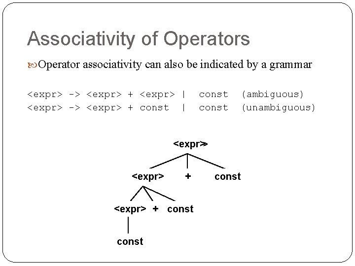 Associativity of Operators Operator associativity can also be indicated by a grammar <expr> ->