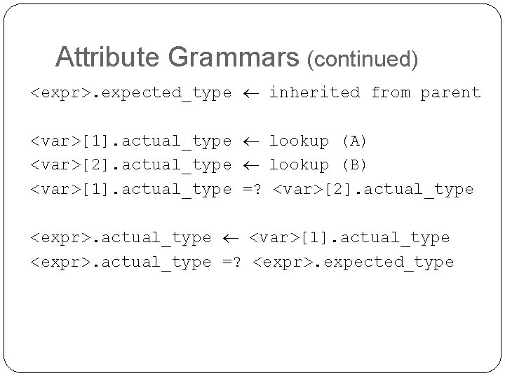 Attribute Grammars (continued) <expr>. expected_type inherited from parent <var>[1]. actual_type lookup (A) <var>[2]. actual_type