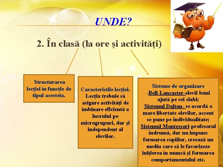 UNDE? 2. În clasă (la ore și activități) Structurarea lecției în funcție de tipul