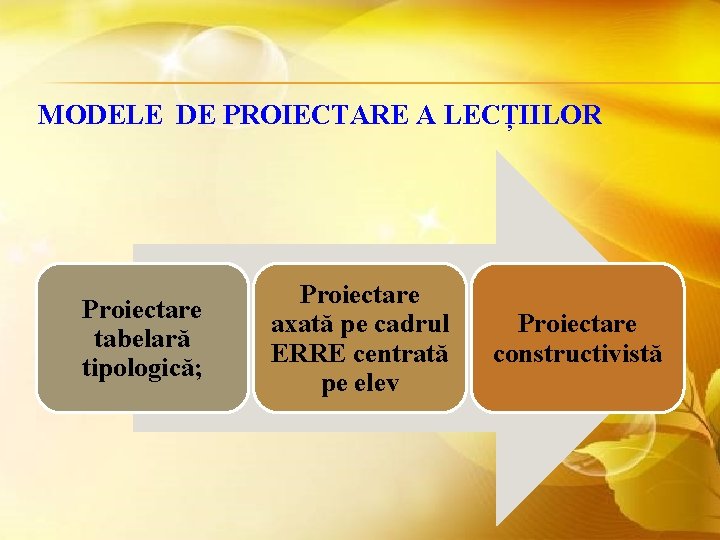 MODELE DE PROIECTARE A LECȚIILOR Proiectare tabelară tipologică; Proiectare axată pe cadrul ERRE centrată