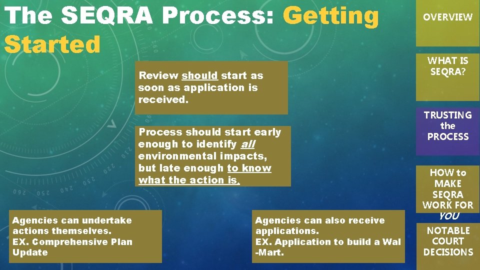 The SEQRA Process: Getting Started Review should start as soon as application is received.