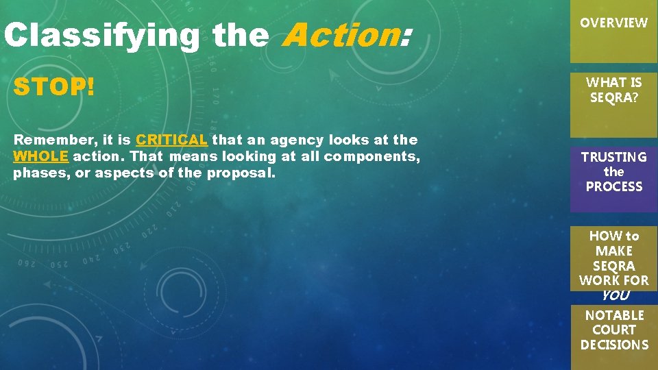Classifying the Action: STOP! OVERVIEW WHAT IS SEQRA? Remember, it is CRITICAL that an